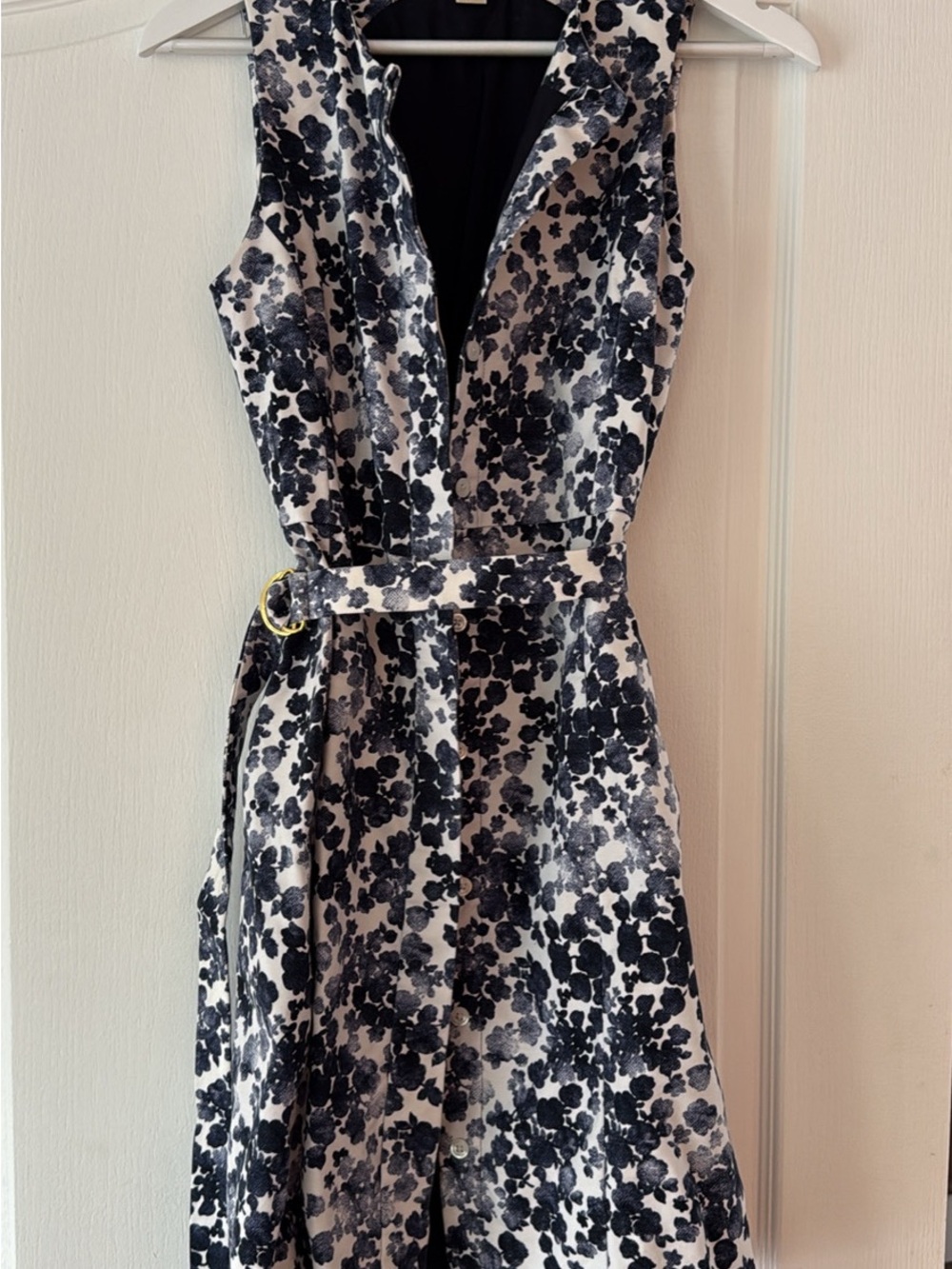 Michael Kors Black and White Sleeveless Floral Belted Midi Dress